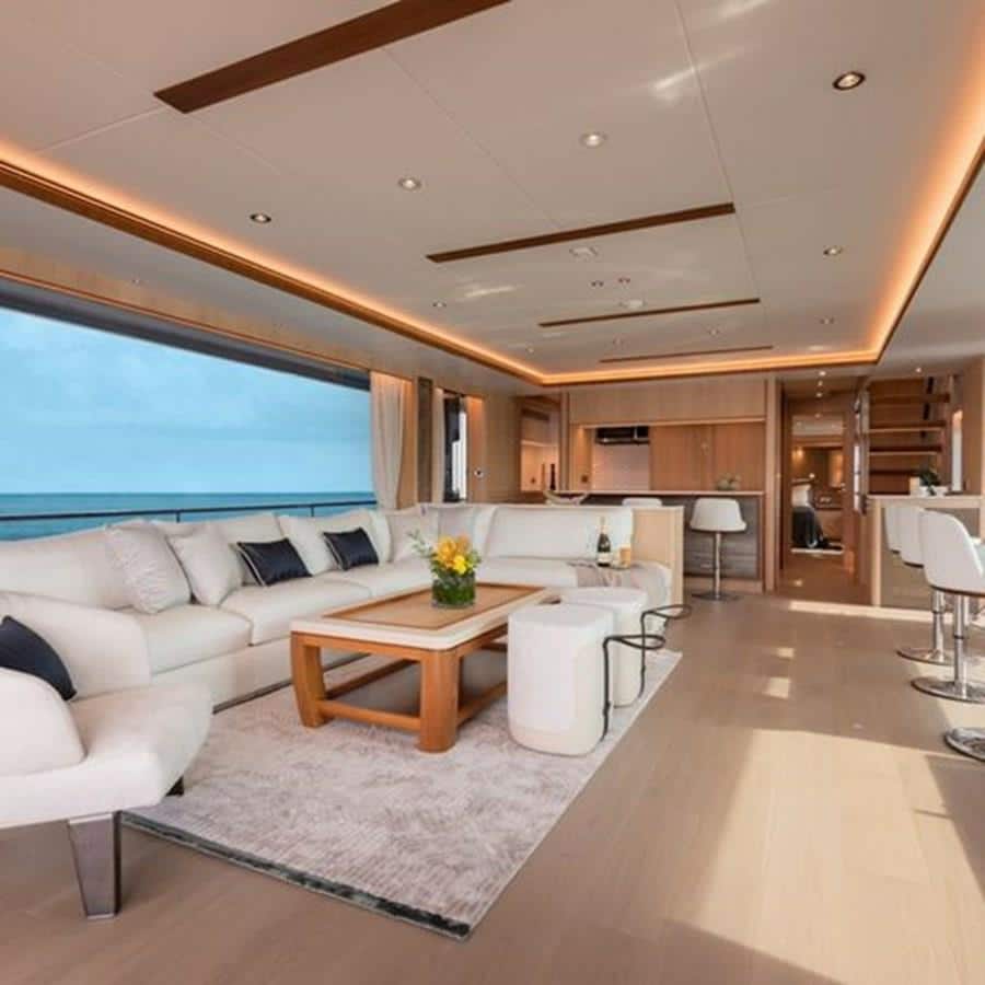 Salon Sofa and Window to Starboard | 2020 HORIZON 80' MY - One More TIme