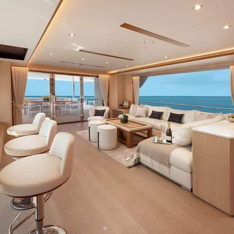 Salon Looking Aft and Three Bar Stools | 2020 HORIZON 80' MY - One More TIme