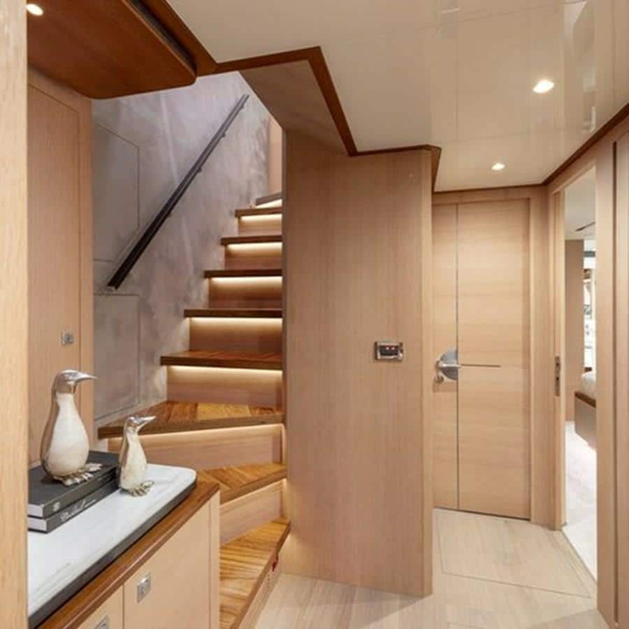 Staircase to Lower Deck Staterooms | 2020 HORIZON 80' MY - One More TIme